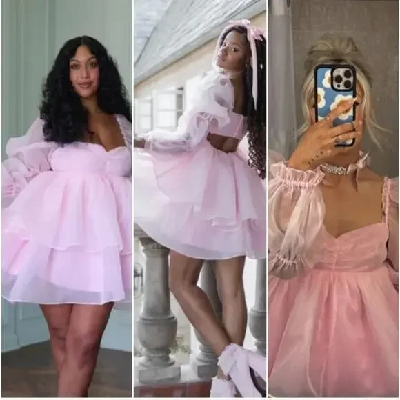 Selkie Ballerina Pink Long Sleeve Tiered Chiffon Puff Mini Moonlight Dress - Picture 5 of 10